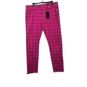 Vibrant Pink Plaid Women's Straight Leg Jeans